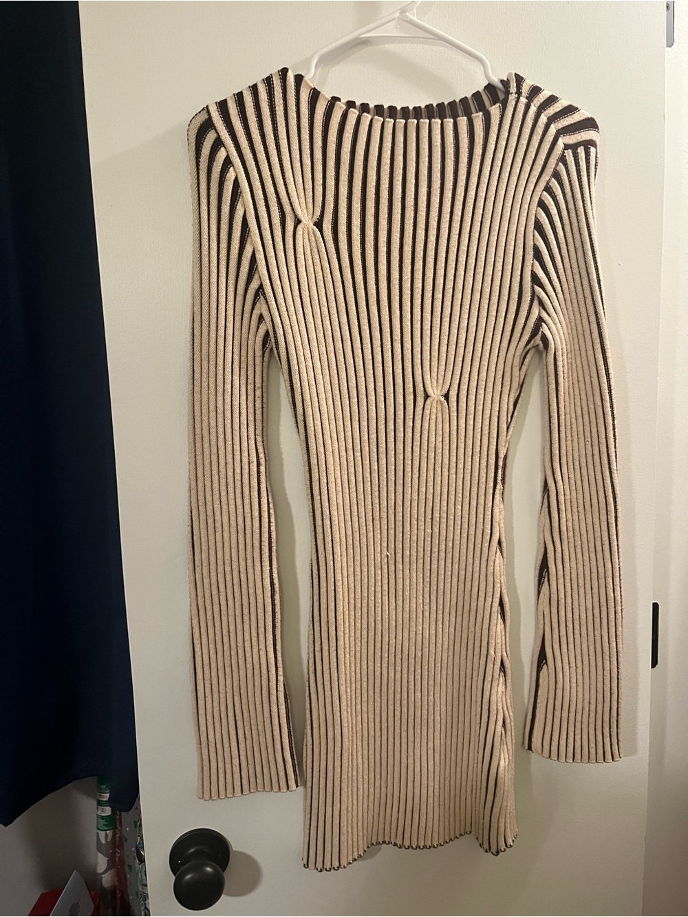 Ribbed Long Sleeve Sweater Dress - Cream and Brown